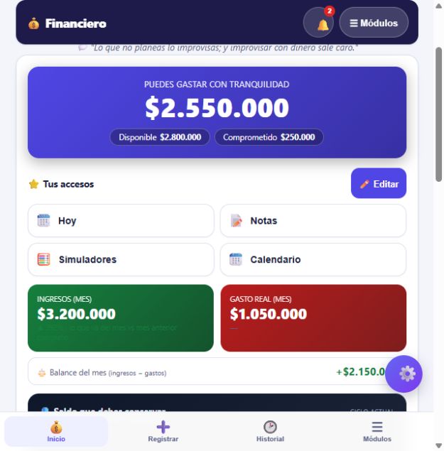 Inicio de AEVORIQ Personal con saldo disponible, compromisos, ingresos y gastos de demostración